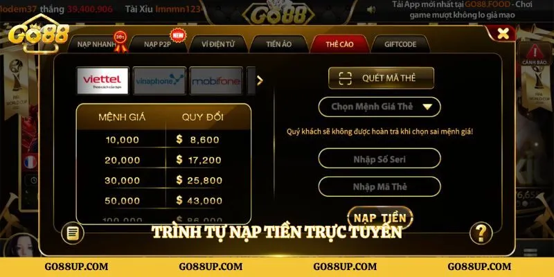 Trình tự nạp tiền trực tuyến